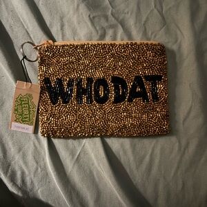 Beaded 'WHODAT' Zip Pouch - Gold and Black